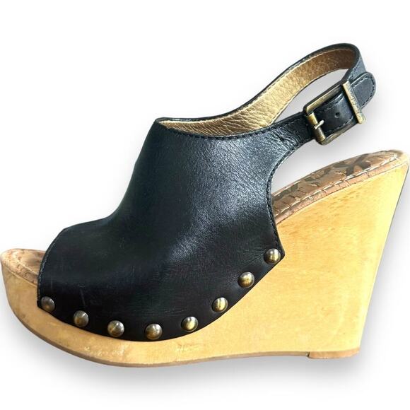 Sam Edelman Camilla Black Leather Open Toe Slingback Wood Wedge Heels Size 6 - Picture 2 of 11